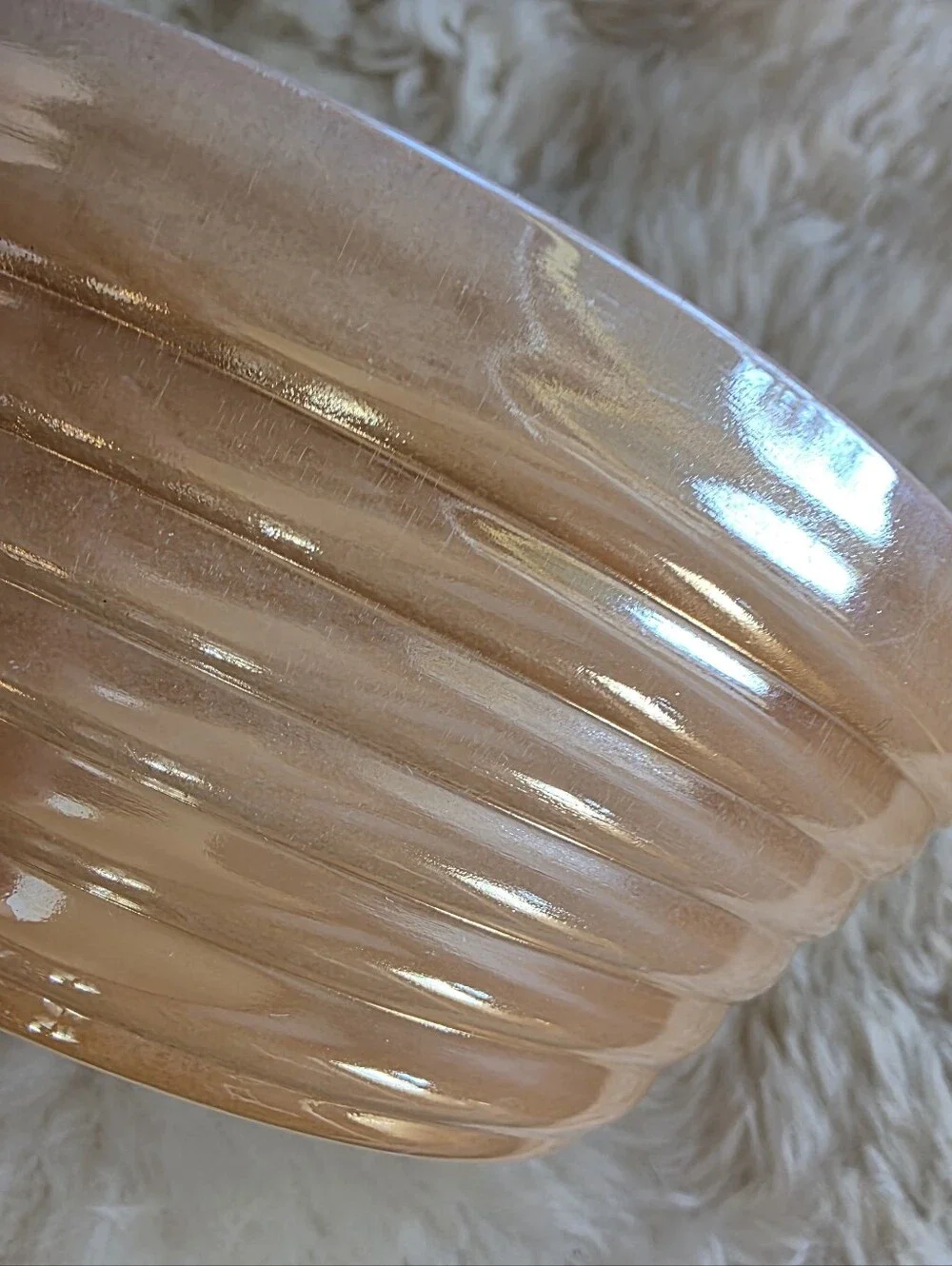 Fire King Vintage Peach Lustre Chili Bowl with Handle Beehive Ribbed Iridescent